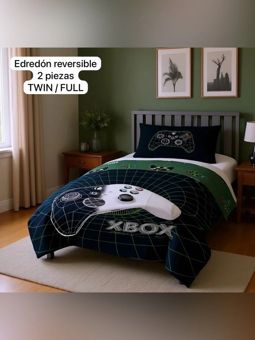 Xbox Controller Graphic Reversible Comforter Set - Green & Black